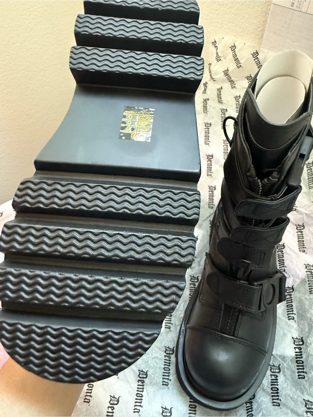 Black Chunky Strap Combat Boots - demonia renegades - Picture 5 of 5